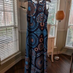 Chic Blue and Brown Patterned Maxi Dress